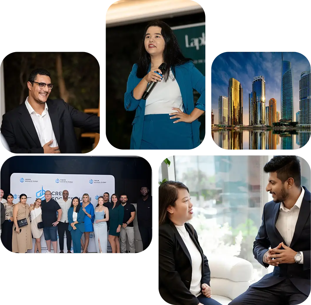 L'équipe de Créer Société Dubai et ses clients lors d'événements, devant les gratte-ciels de Dubaï